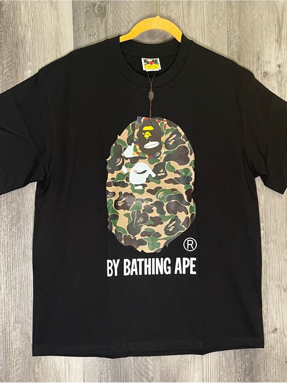 Bape Black T-Shirt with Green Brown Camo Ape Graphic